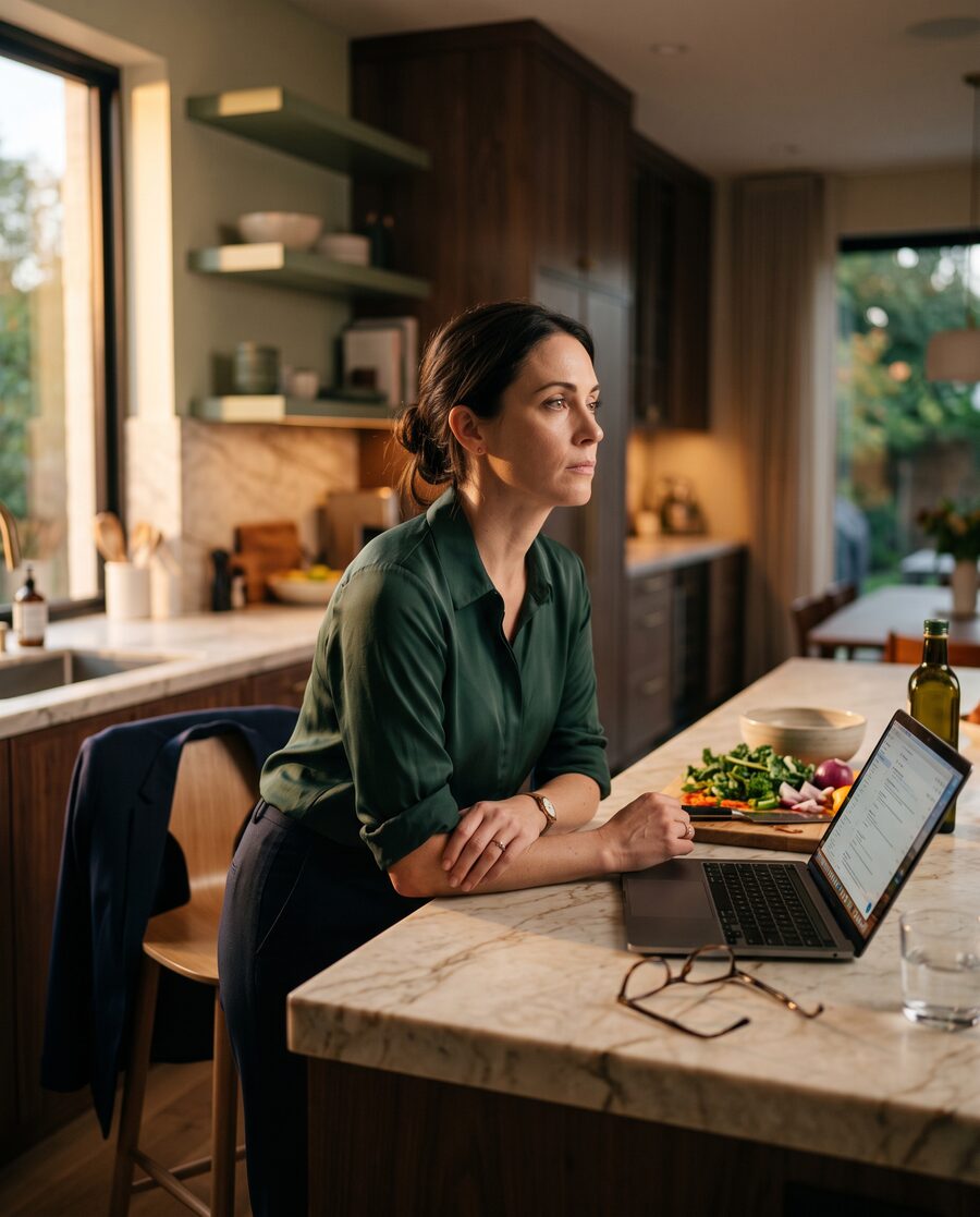 Professional at kitchen counter, laptop open, mentally still at work despite being home