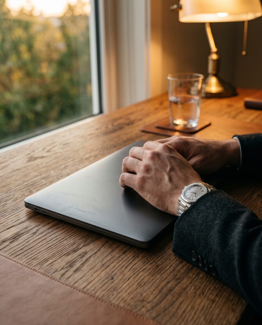 Hands resting on a closed laptop — still there, still on it