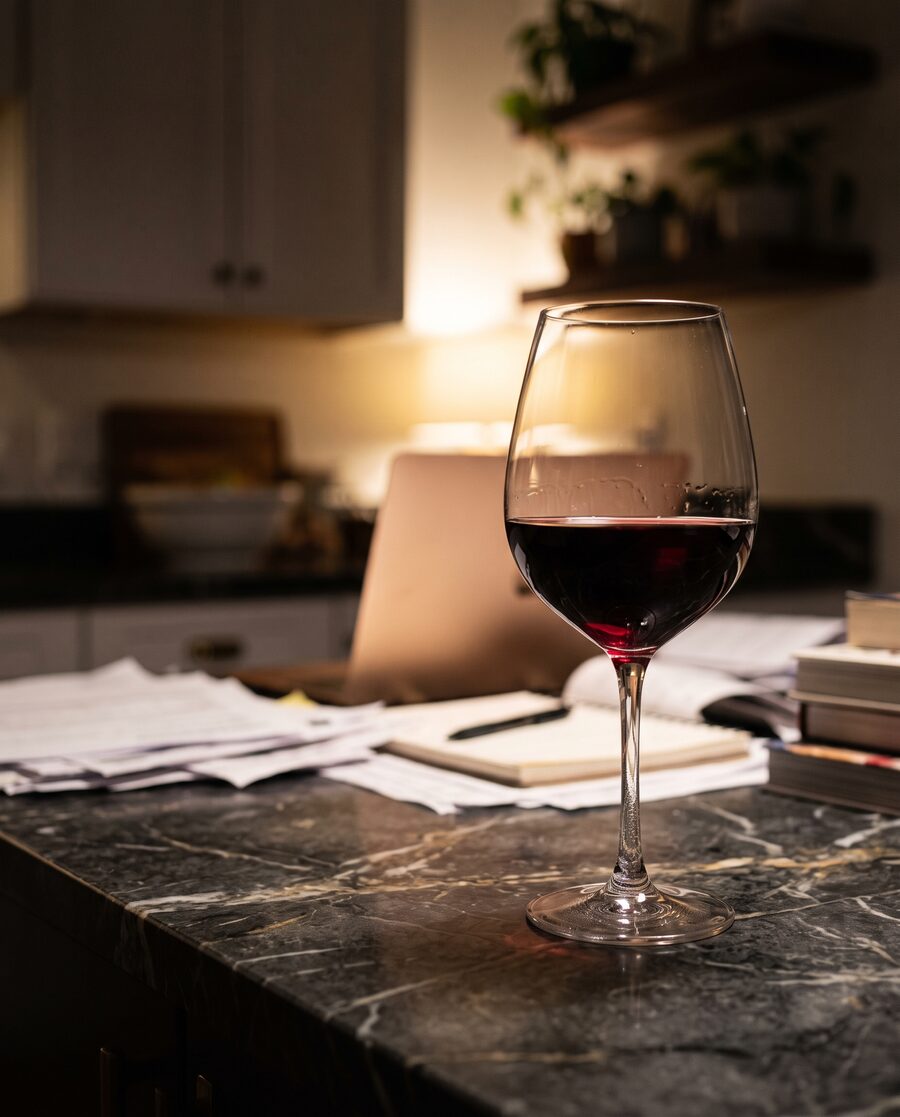 Wine glass in focus, open laptop glowing behind it — the escape and the thing being escaped from in the same frame