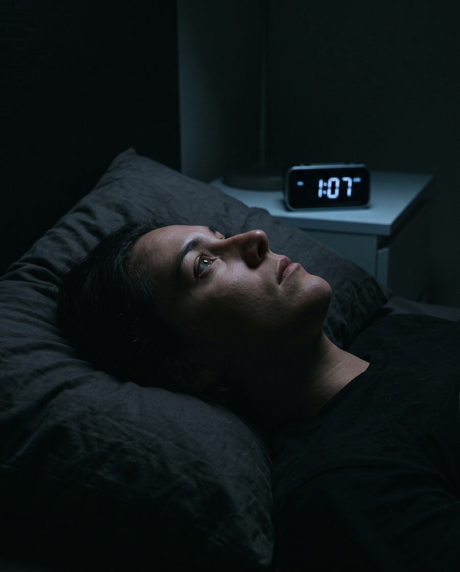 Person awake at 1:07 AM staring at the ceiling — the 1 AM alarm
