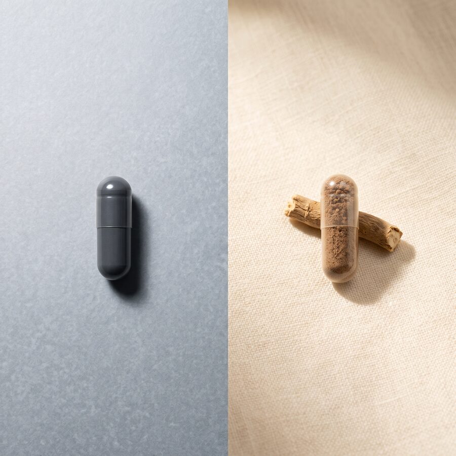 Split image: dark pharmaceutical extract capsule left vs. transparent whole-root capsule with actual root right