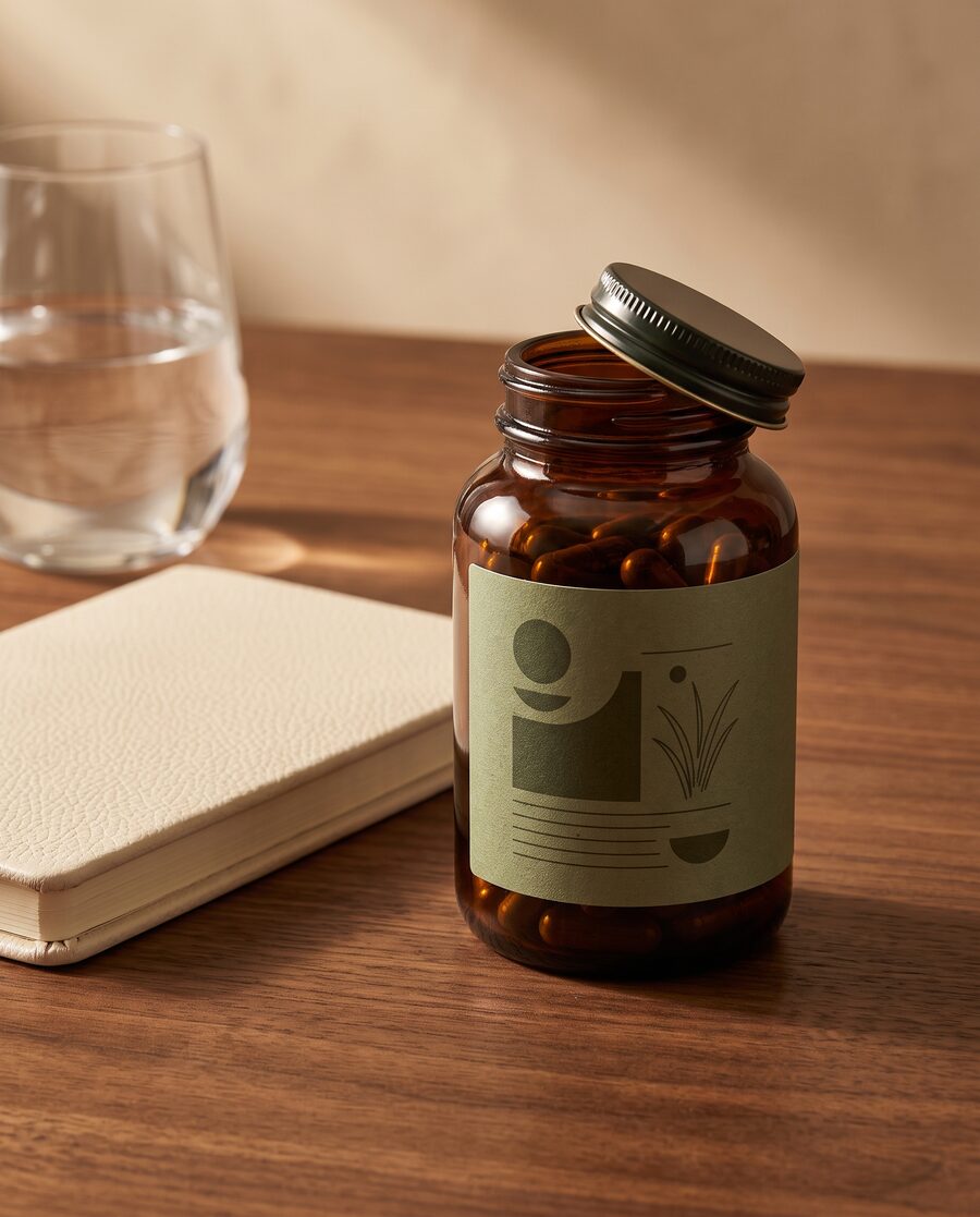 Evenline amber bottle open on a walnut desk — water glass beside it, leather notebook, daily ritual